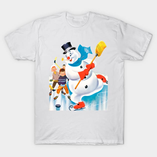 snowman playing ice hockey with a broom next to children on winter holidays retro vintage comic cartoons T-Shirt by REVISTANGO